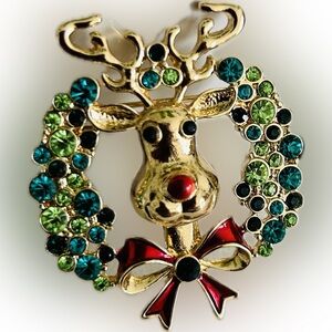 Elegant Goldplated Rhinestone Crystal Reindeer Wreath & Cute Bow Fashion Brooch